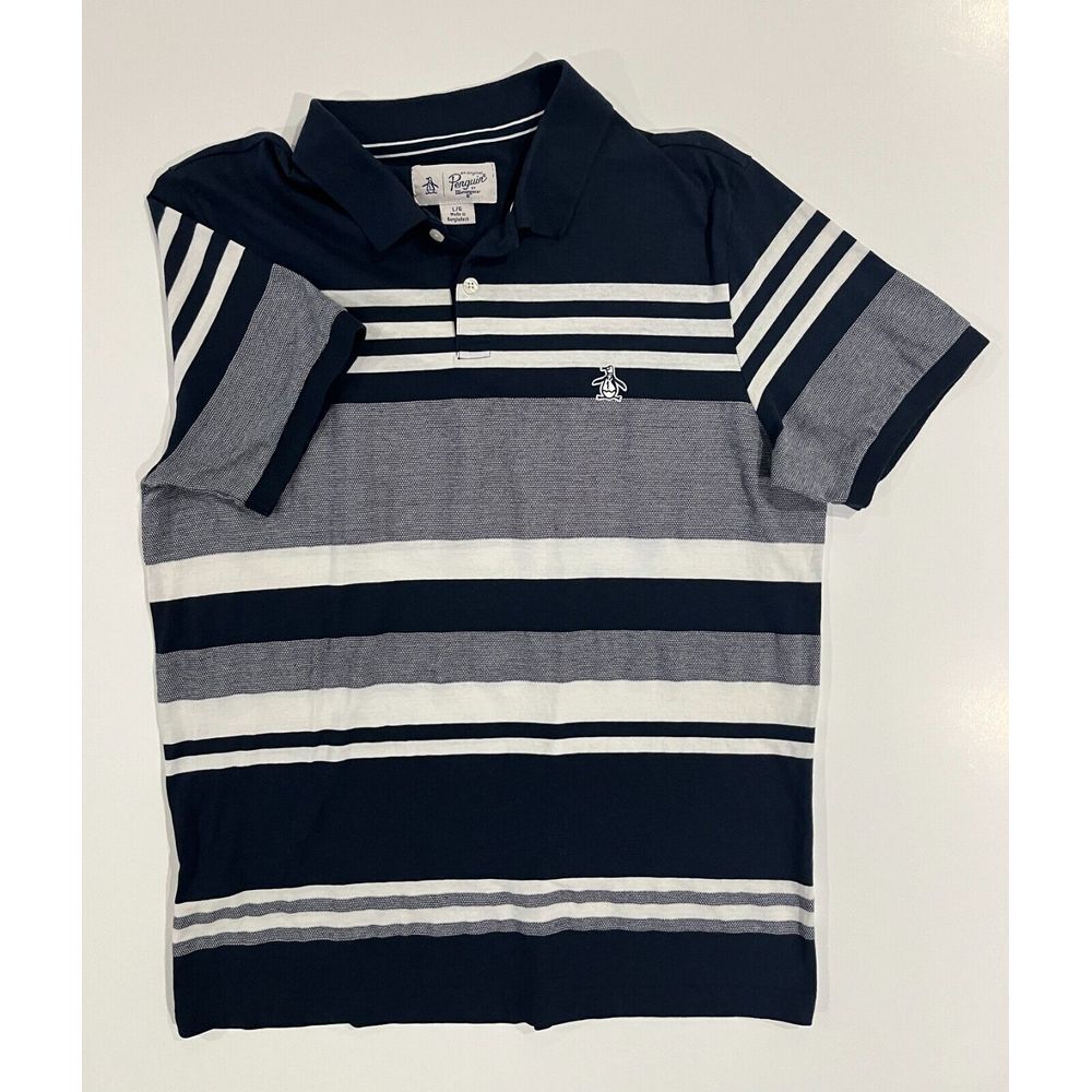 Penguin Polo Shirt Mens Large Navy White Striped Golf Performance Logo Popover